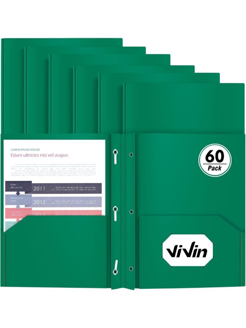 60 Pack Heavy Duty Green Plastic Pocket Folders with Brads & 3 Prong Fasteners